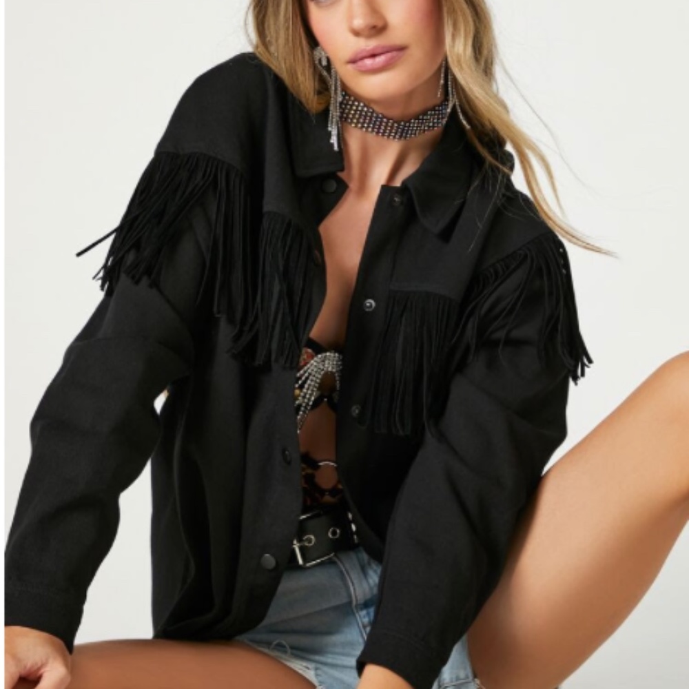 Forever 21 Black  Fringe Denim Shacket